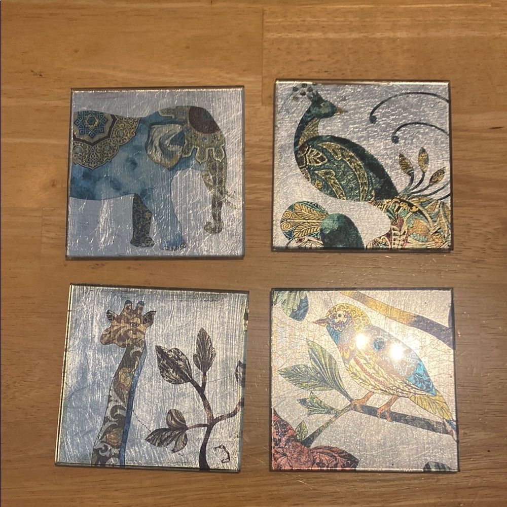 Pier 1 Exotic animals Foil on glass drink coasters. Set of 4